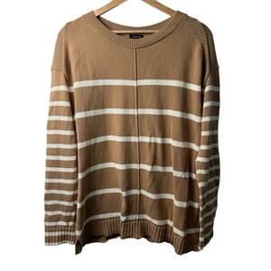 Talbots Tan Cream Striped Sweater Women’s Size M Relaxed Fit Long Sleeve